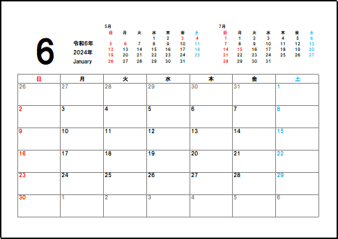 2024年6月六曜入りカレンダーのテンプレート