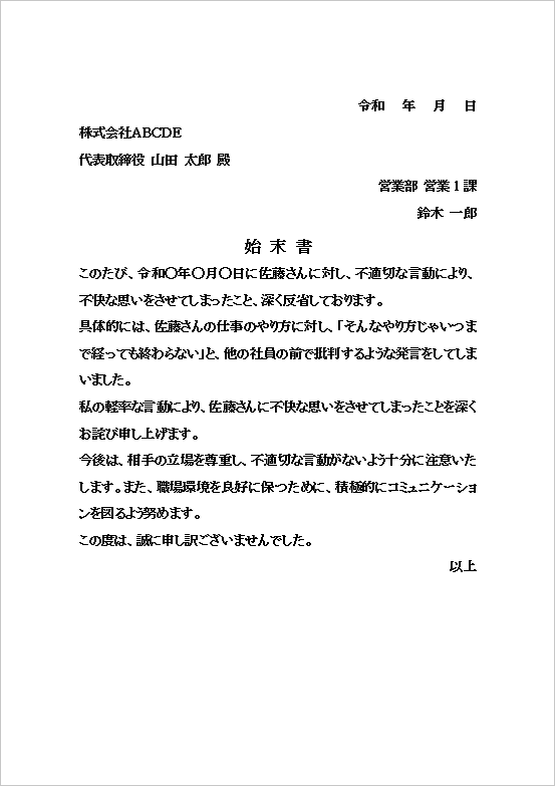 部下の業務進行に関する不適切な言動の例文