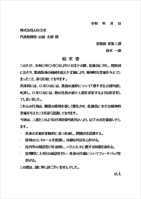 継続的なパワハラ行為に関する始末書