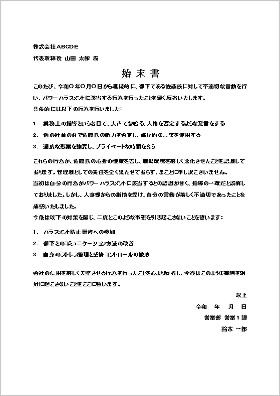 管理職による深刻なパワハラ行為への始末書