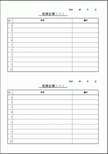 短期目標リストのテンプレート