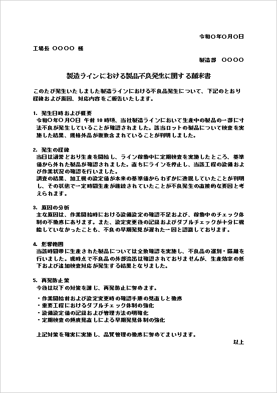 製造ラインで発生した製品不良に関する顛末書テンプレート（寸法不良・設備設定ミスの報告書）