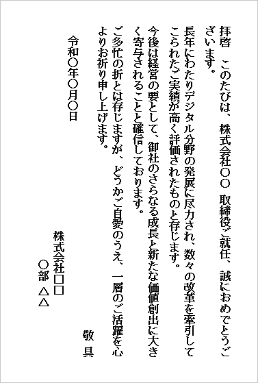 役員就任のお祝い状 テンプレート3（ハガキ・カジュアル）Word見本